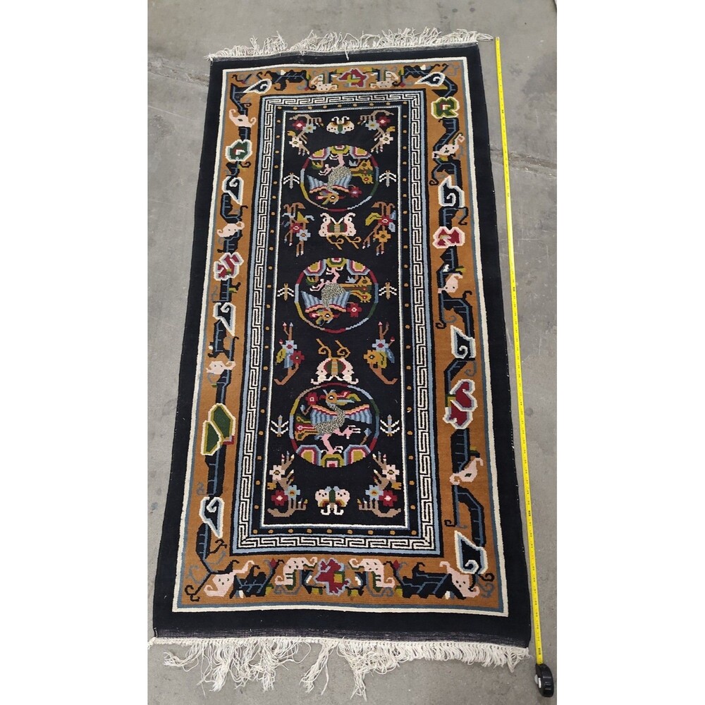Antique Tibetan Cranes 3×6 Blue Wool Area Rug